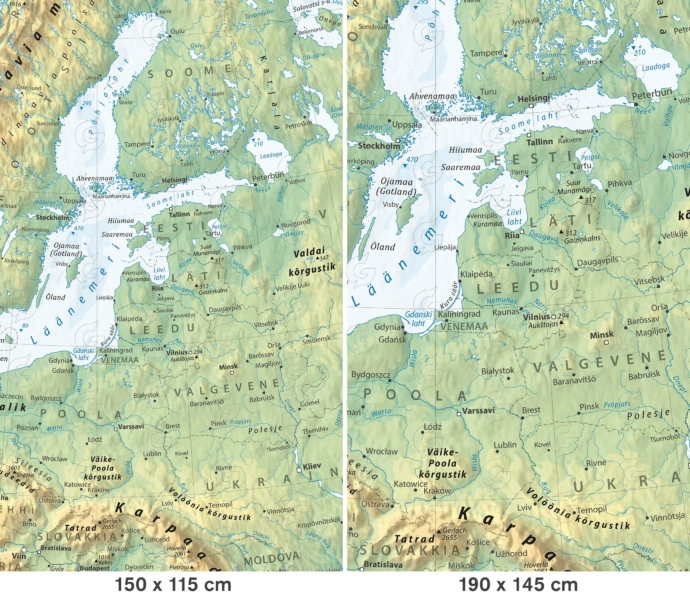 Euroopa üldgeograafiline seinakaart Regio. Võrdlus: info suurus erineva suurusega kaartide puhul