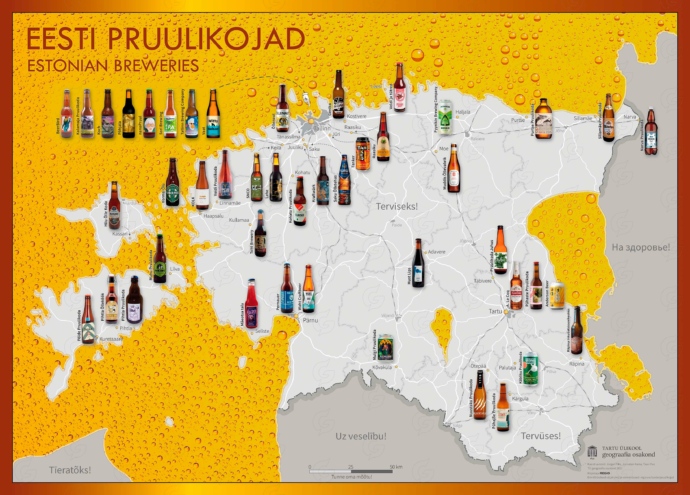 Eesti õlletootjad kaardil Eesti pruulikojad, Kaardi koostanud Tartu Ülikool koostöös Regioga