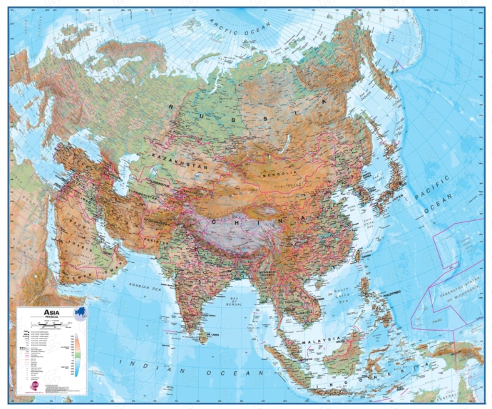 Aasia füüsiline seinakaart Maps International