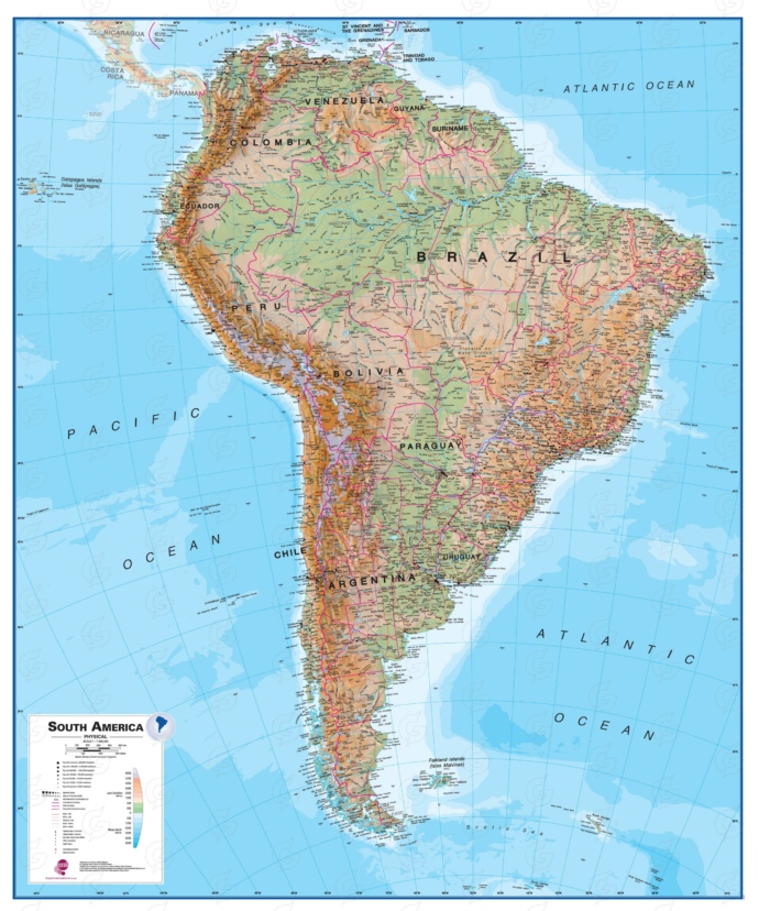 Lõuna-Ameerika füüsiline seinakaart Maps International