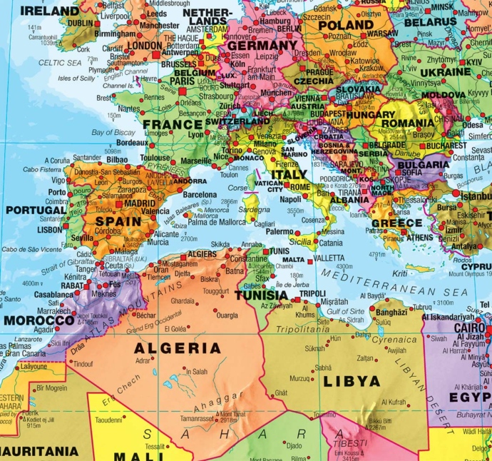 Tükk kaardist Maps International Euroopa, Lähis-Ida, Aafrika